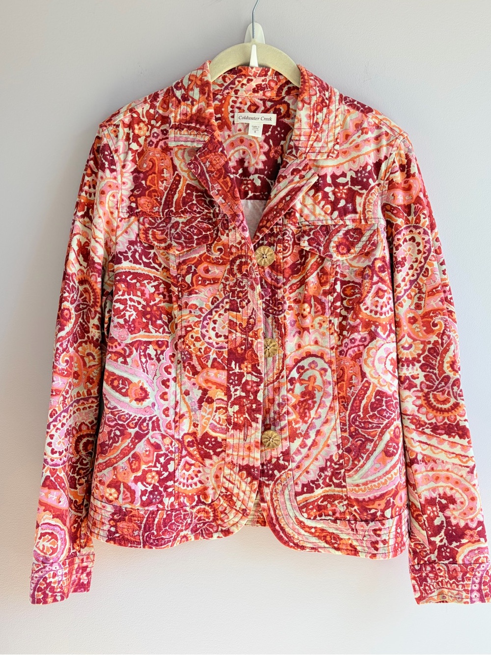 Coldwater Creek Jacket Pink Orange Sunset Paisley Boho Fall Cotton EUC Medium